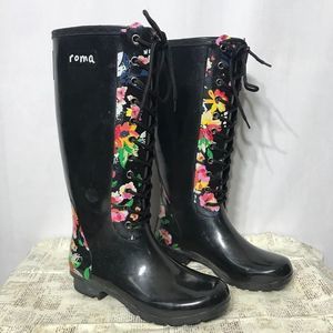 Roma Black & Pink Floral Opinca Rain Boot